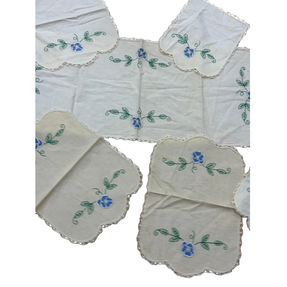 Vintage Hand Embroidered Linen Dresser Scarf Doily Set Blue Pansy Floral 8pc